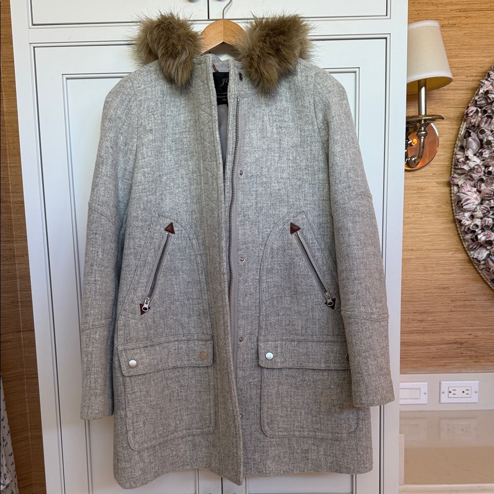J. Crew Gray Utility Jacket with Faux Fur Collar